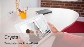  Presentation with business casual - Slides featuring business people in office at presentation against casual businesswoman using tablet pc background and a soft green colored foreground