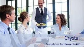  Presentation with waiter - Beautiful PPT theme featuring business people in restaurant backdrop and a light blue colored foreground