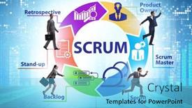  Presentation with scrum - Amazing PPT theme having business-people-in-scrum-agile backdrop and a light blue colored foreground