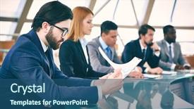  Presentation with young business people - Colorful PPT theme enhanced with business people listening to presentation backdrop and a ocean colored foreground