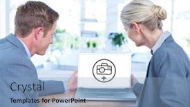  Presentation with laptop blank screen - Presentation design enhanced with business people looking at blank screen of laptop against photography apps background and a light blue colored foreground