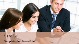  Presentation with monitor computer - Cool new PPT theme with business people looking at computer backdrop and a coral colored foreground