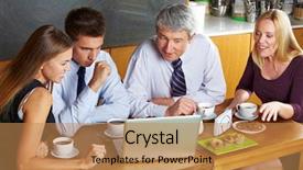  Presentation with business laptop globe satellite - Presentation theme enhanced with business people looking at laptop background and a coral colored foreground