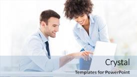  Presentation with people - Presentation theme having business people looking at laptop background and a light blue colored foreground