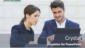  Presentation with future plan - Beautiful slide set featuring business people looking at laptop computer and discuss about the future project plan at outdoor cafe backdrop and a ocean colored foreground