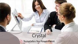  Presentation with meeting table - PPT theme enhanced with business people looking at monitir talking at meeting table in office background and a soft green colored foreground