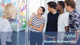  Presentation with business plan - Slide deck with business people looking at plan background and a  colored foreground