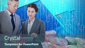  Presentation with bitcoins - Presentation design enhanced with business people looking at tablet against bitcoins background and a ocean colored foreground