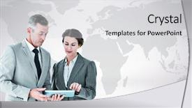  Presentation with tablet - Beautiful theme featuring business people looking at tablet backdrop and a light gray colored foreground