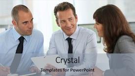  Presentation with meeting - Presentation enhanced with business people meeting around desk background and a light blue colored foreground