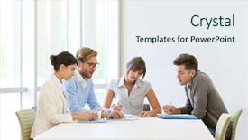  Presentation with meeting table - Presentation design enhanced with business people meeting around table background and a sky blue colored foreground