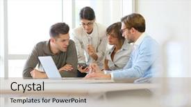  Presentation with meeting table - PPT theme having business people meeting around table background and a mint green colored foreground