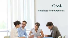  Presentation with meeting table - Cool new slide deck with business people meeting around table backdrop and a sky blue colored foreground