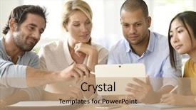  Presentation with meeting table - Presentation theme featuring business people meeting around table background and a coral colored foreground