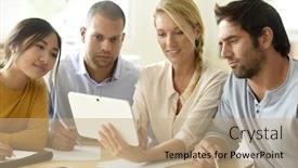  Presentation with meeting table - Presentation design featuring business people meeting around table in office background and a coral colored foreground