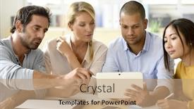  Presentation with meeting table - Colorful slide set enhanced with business people meeting around table in office backdrop and a coral colored foreground