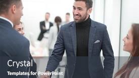  Presentation with handshake - Audience pleasing presentation theme consisting of business-people-meeting-each backdrop and a tawny brown colored foreground