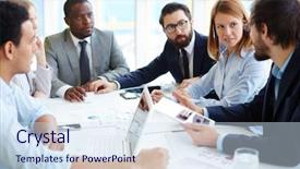  Presentation with business people moving gear - Beautiful theme featuring business people meeting for briefing backdrop and a sky blue colored foreground