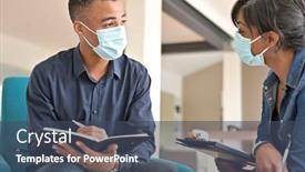  Presentation with face masks - PPT layouts featuring business-people-meeting-with-face background and a ocean colored foreground