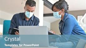  Presentation with face masks - Slide set featuring business-people-meeting-with-face background and a teal colored foreground