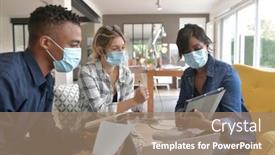  Presentation with face masks - Slide deck having business-people-meeting-with-face background and a coral colored foreground