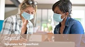  Presentation with face masks - Beautiful PPT theme featuring business-people-meeting-with-face backdrop and a coral colored foreground