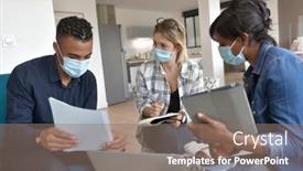  Presentation with face masks - Slide set consisting of business-people-meeting-with-face background and a coral colored foreground