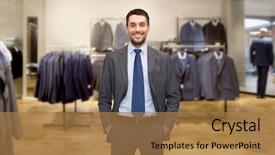  Presentation with young business people - Colorful theme enhanced with business people menswear sale backdrop and a coral colored foreground