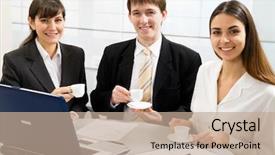 Presentation with young business woman smile show - Audience pleasing presentation theme consisting of business people on coffe break backdrop and a  colored foreground