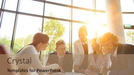  Presentation with meeting - Slide set consisting of business people on meeting in office with yellow lens flare in background background and a coral colored foreground