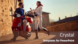  Presentation with young business people - PPT theme consisting of wheel life - business people on scooter scooter background and a tawny brown colored foreground