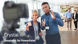  Presentation with live video streaming - PPT theme having business-people-or-reporter-team background and a ocean colored foreground