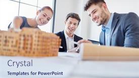  Presentation with planning - Slide deck enhanced with business people planning in meeting with house draft background and a sky blue colored foreground