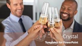  Presentation with flutes - Slide deck with business-people-raising-toast background and a coral colored foreground