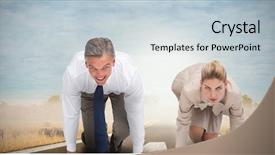  Presentation with savannah - Presentation theme consisting of business people ready to start race against savannah road landscape background and a lemonade colored foreground