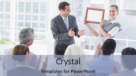  Presentation with award - Audience pleasing slide deck consisting of business people receiving award backdrop and a light blue colored foreground