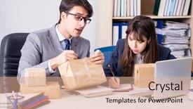  Presentation with double exposure of business people - Presentation with business people receiving new mail background and a coral colored foreground