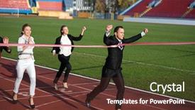  Presentation with racing - Amazing PPT theme having business people running together on racing track backdrop and a tawny brown colored foreground