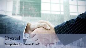  Presentation with shares - PPT theme having business people shaking hands against stocks and shares background and a seafoam green colored foreground