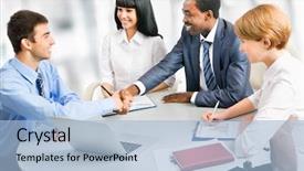  Presentation with shaking hands - Audience pleasing PPT theme consisting of business people shaking hands finishing backdrop and a light blue colored foreground
