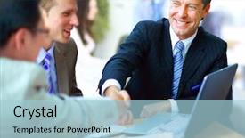  Presentation with shaking hands - Presentation theme enhanced with business people shaking hands finishing background and a light blue colored foreground