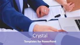  Presentation with shaking hands - Presentation theme having business-people-shaking-hands-finishing background and a light blue colored foreground