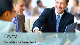  Presentation with shaking hands - Beautiful presentation featuring business people shaking hands finishing backdrop and a light blue colored foreground