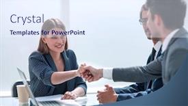  Presentation with shaking hands - Audience pleasing presentation design consisting of business people shaking hands over the desk backdrop and a sky blue colored foreground