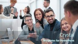  Presentation with business office desk - Amazing presentation theme having business-people-shaking-hands-sitting backdrop and a ocean colored foreground