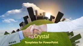  Presentation with shaking hands - Slides enhanced with business people shaking hands on white background against bright blue sky with clouds background and a tawny brown colored foreground