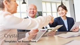  Presentation with negotiation - Colorful presentation design enhanced with people share handshake after negotiation backdrop and a coral colored foreground