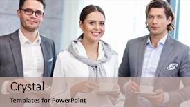  Presentation with sharing - Colorful PPT theme enhanced with business people sharing their idea backdrop and a  colored foreground