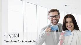  Presentation with business card - Colorful presentation enhanced with business people showing identity card backdrop and a white colored foreground