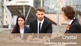  Presentation with people street - Colorful PPT layouts enhanced with business people sign a contract street outdoors backdrop and a coral colored foreground